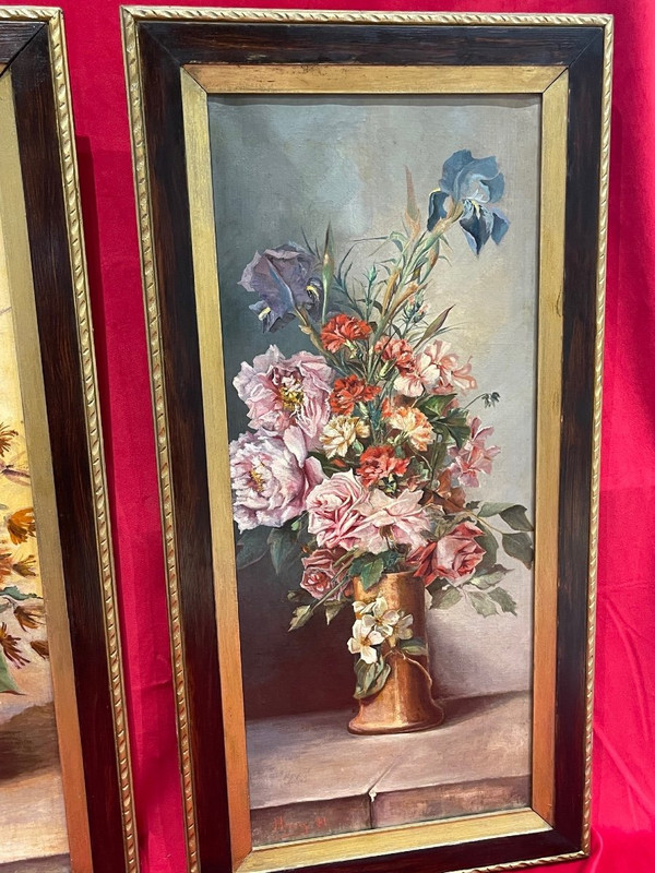 Coppia di dipinti ad olio su tela Art Nouveau
