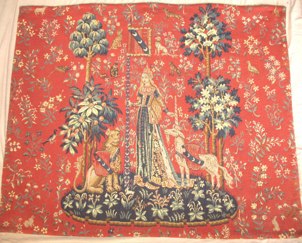 Paar große Wandteppiche aus Halluin Die Dame mit dem Einhorn: Der Tastsinn - Der Blick 105 x 130 cm