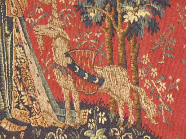 Paar große Wandteppiche aus Halluin Die Dame mit dem Einhorn: Der Tastsinn - Der Blick 105 x 130 cm