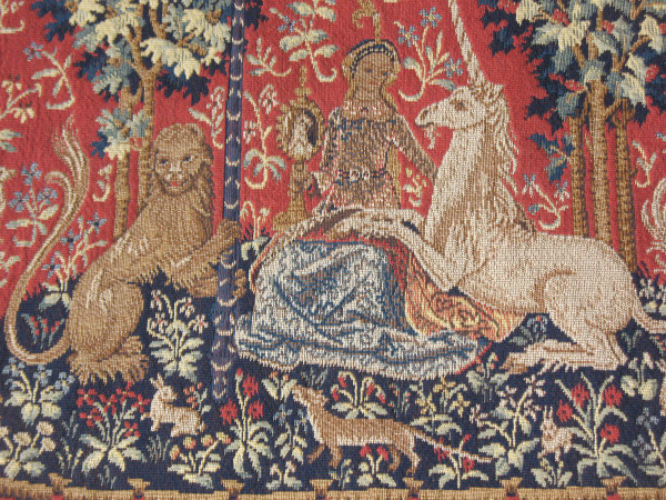 Paar große Wandteppiche aus Halluin Die Dame mit dem Einhorn: Der Tastsinn - Der Blick 105 x 130 cm