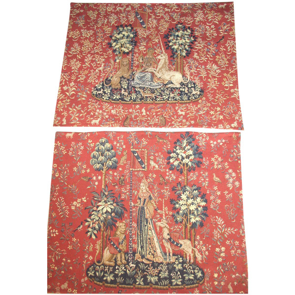 Paar große Wandteppiche aus Halluin Die Dame mit dem Einhorn: Der Tastsinn - Der Blick 105 x 130 cm
