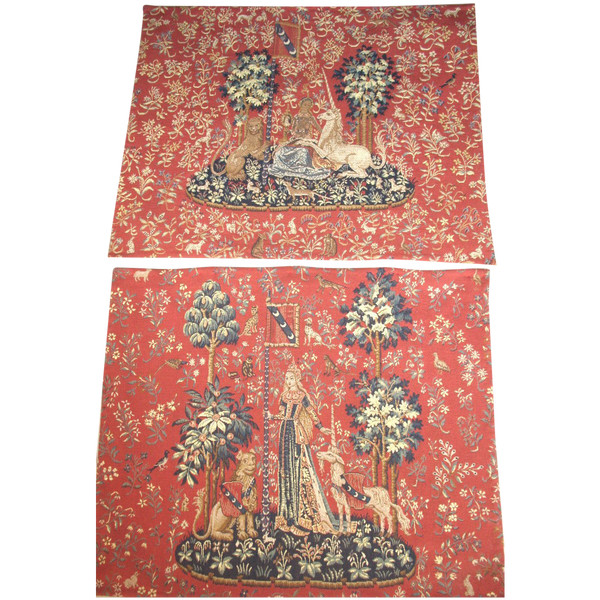 Pair of large Halluin tapestries the Lady with the Unicorn : the Touch - the View 105 x 130 cm