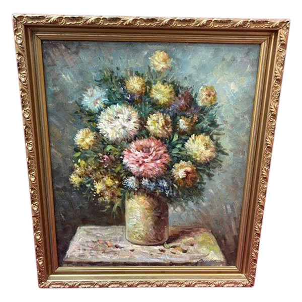 Tableau Huile Sur Toile Ecole Française XIX ème Bouquet De Fleurs