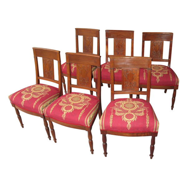 Suite of 6 solid mahogany chairs of Empire style