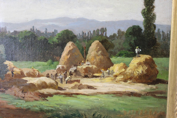 Oil on canvas representing a threshing scene around 1910
