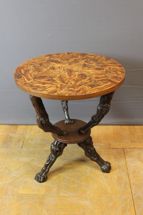 Pedestal table and its stools brutalist in vine stock around 1950