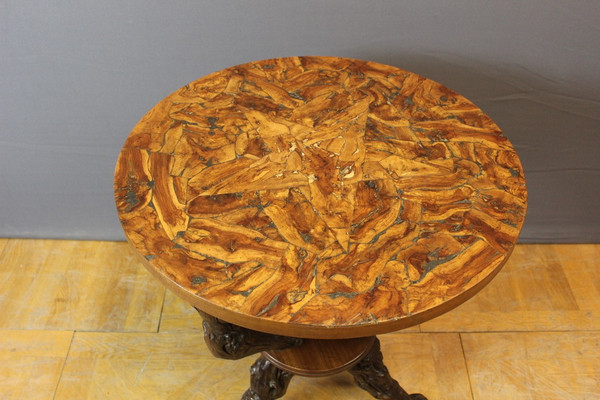 Pedestal table and its stools brutalist in vine stock around 1950