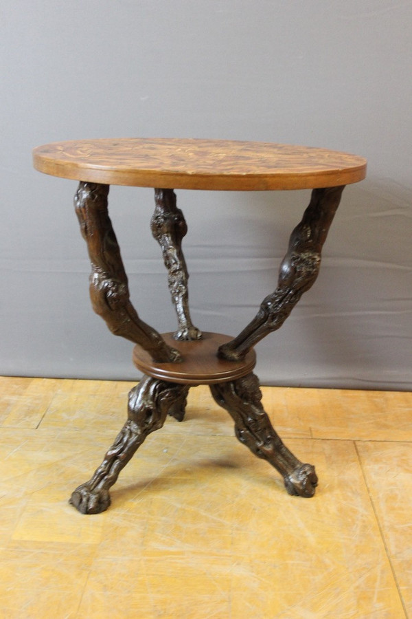 Pedestal table and its stools brutalist in vine stock around 1950
