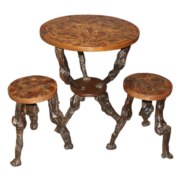 Pedestal table and its stools brutalist in vine stock around 1950