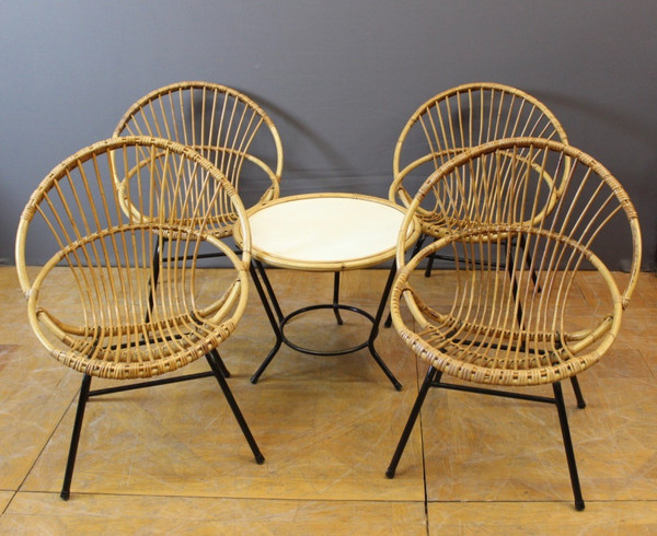 Salon En Rotin Et Fer Laqué Noir Par Rohe Noordwole Vers 1950