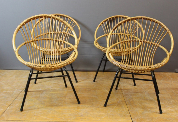 Salon En Rotin Et Fer Laqué Noir Par Rohe Noordwole Vers 1950