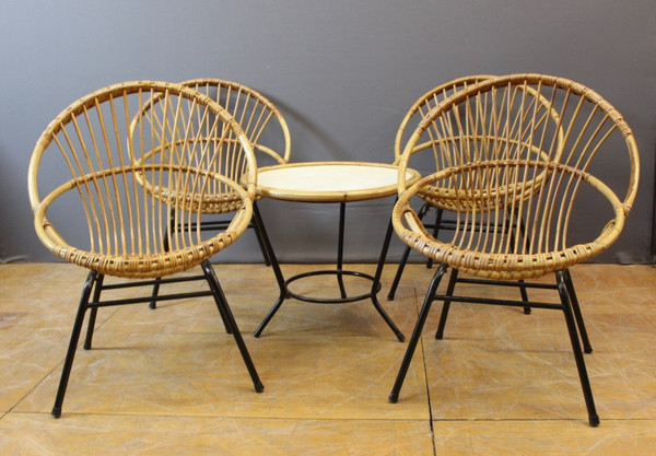 Salon En Rotin Et Fer Laqué Noir Par Rohe Noordwole Vers 1950