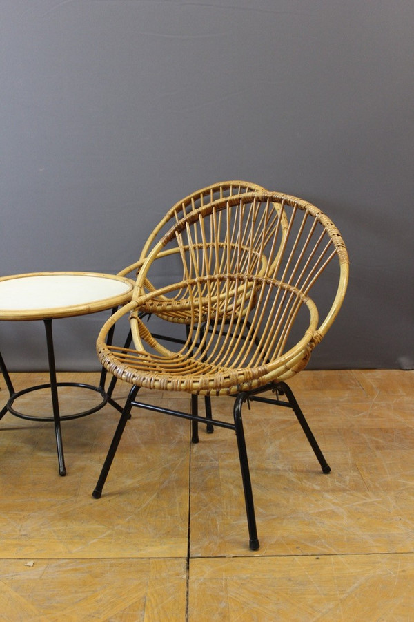 Salon En Rotin Et Fer Laqué Noir Par Rohe Noordwole Vers 1950