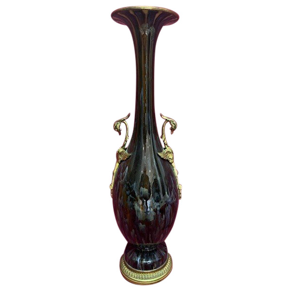 Vase Grés Monture Bronze Doré