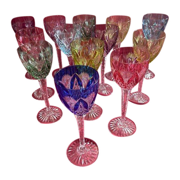 Set Of 14 Cut Color Crystal Wine Glasses