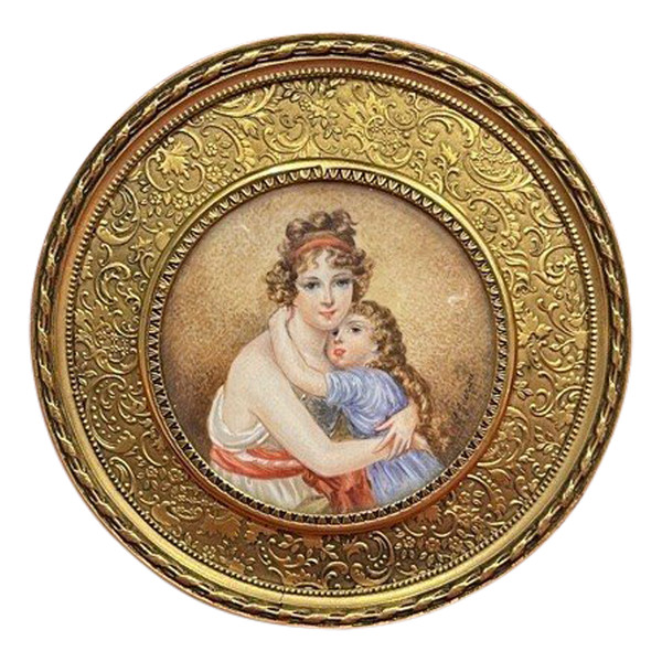 Ritratto in miniatura dipinto su avorio raffigurante una donna e il suo bambino XIX° Napoleone III