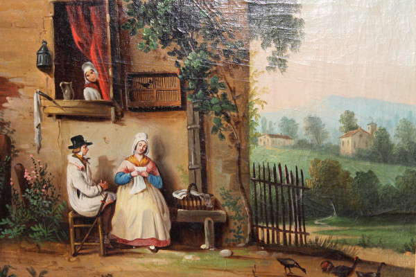 Trumeau époque Empire en bois doré et huile sur toile avec une scène champêtre