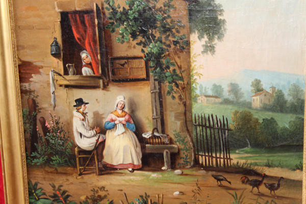 Trumeau époque Empire en bois doré et huile sur toile avec une scène champêtre
