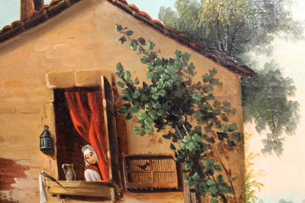 Trumeau époque Empire en bois doré et huile sur toile avec une scène champêtre