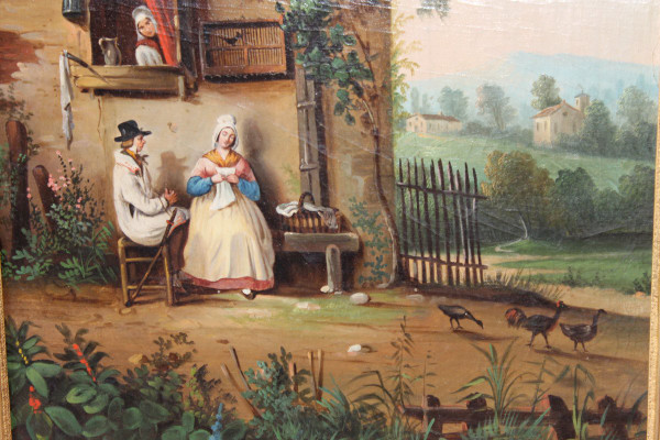Trumeau époque Empire en bois doré et huile sur toile avec une scène champêtre