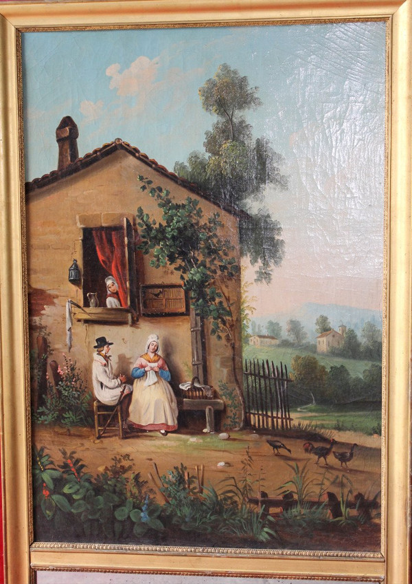 Trumeau époque Empire en bois doré et huile sur toile avec une scène champêtre