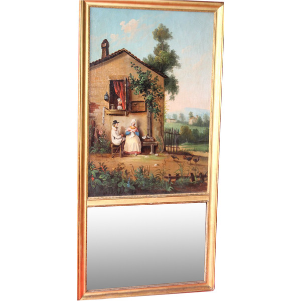 Trumeau époque Empire en bois doré et huile sur toile avec une scène champêtre