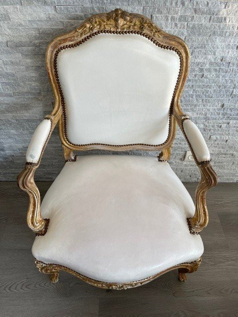 Fauteuil Cuir Blanc Louis XV Bois Doré XIX ème