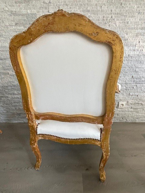 Fauteuil Cuir Blanc Louis XV Bois Doré XIX ème
