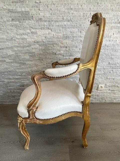 Fauteuil Cuir Blanc Louis XV Bois Doré XIX ème