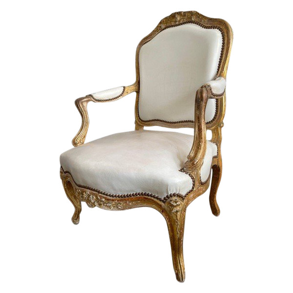 Fauteuil Cuir Blanc Louis XV Bois Doré XIX ème