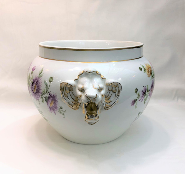 Vecchio grande cachepot in porcellana LIMOGES con decoro stampato D & C firmato M. PEQUART