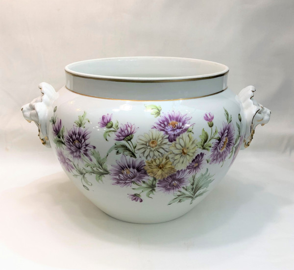 Vecchio grande cachepot in porcellana LIMOGES con decoro stampato D & C firmato M. PEQUART