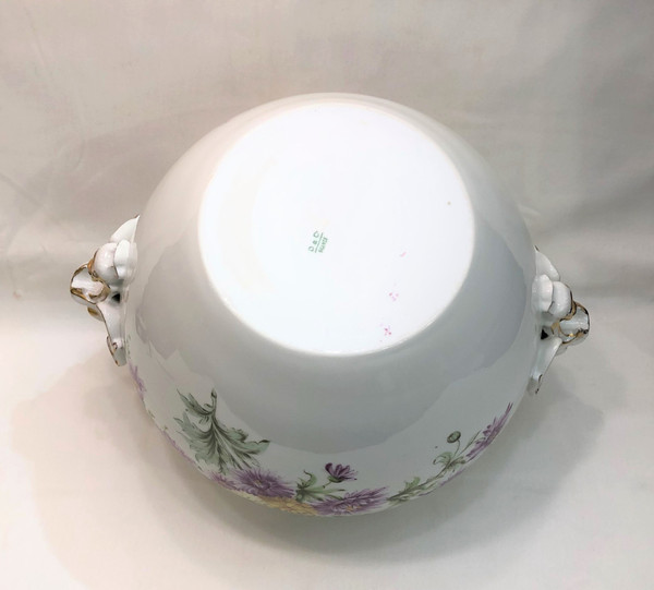 Vecchio grande cachepot in porcellana LIMOGES con decoro stampato D & C firmato M. PEQUART