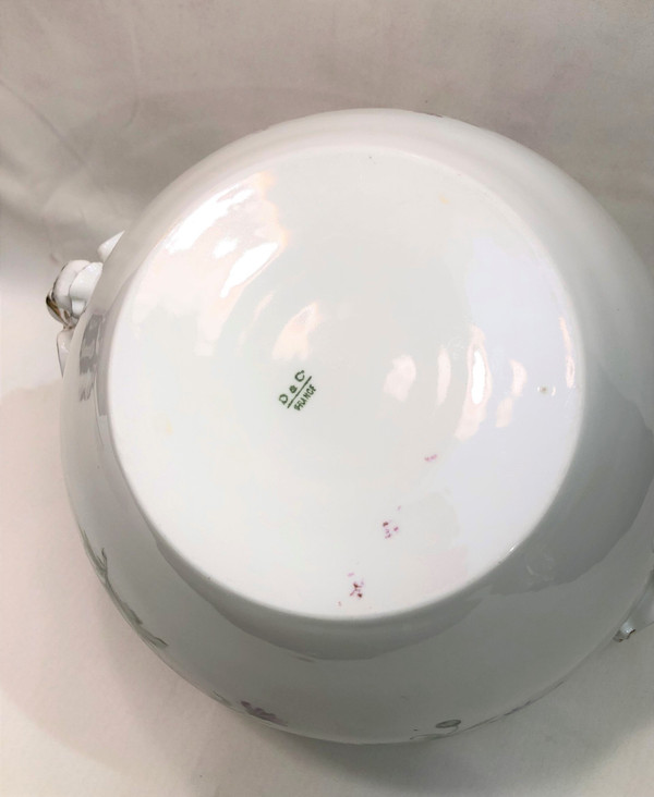 Vecchio grande cachepot in porcellana LIMOGES con decoro stampato D & C firmato M. PEQUART