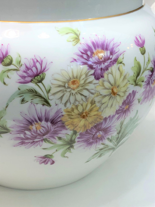 Vecchio grande cachepot in porcellana LIMOGES con decoro stampato D & C firmato M. PEQUART