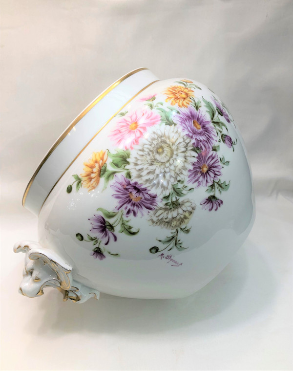 Vecchio grande cachepot in porcellana LIMOGES con decoro stampato D & C firmato M. PEQUART