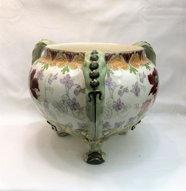 Ancien grand cache pot tripode d'époque ART NOUVEAU signé KG LUNEVILLE