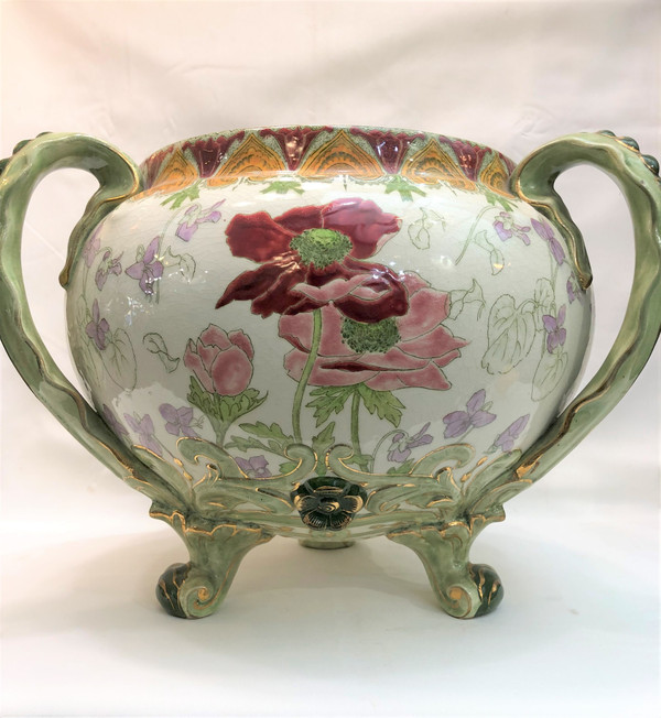 Ancien grand cache pot tripode d'époque ART NOUVEAU signé KG LUNEVILLE