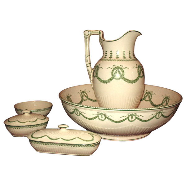 Sarreguemines earthenware toilet service, 19th century Louis XVI style, laurel decoration