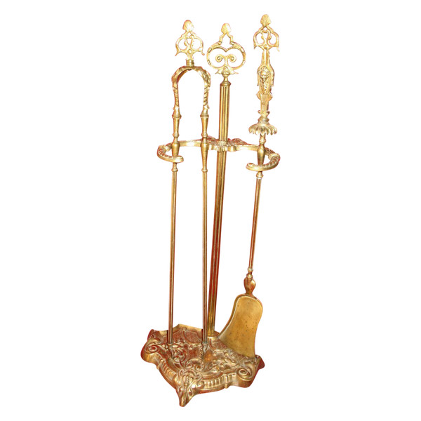 Bronze servant fireplace set with shovel and tweezers, 19th century