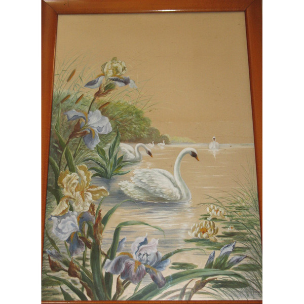 Framed painted silk panel with Japanese lake decor, early 20th century