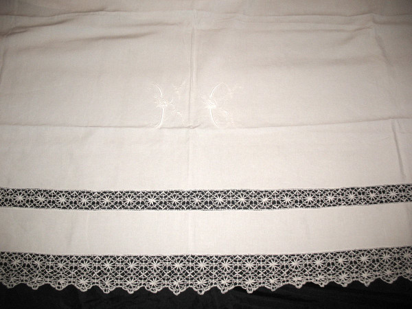Wedding yarn sheet with bobbin lace return early 20th century initials IC