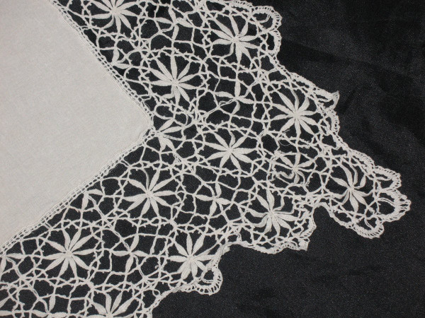 Wedding yarn sheet with bobbin lace return early 20th century initials IC