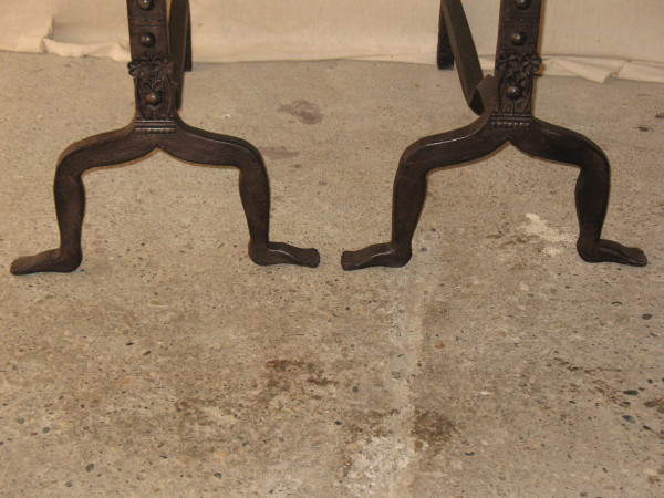 Pair of fireplace landier andirons decorated with fantastic animals, 20th century