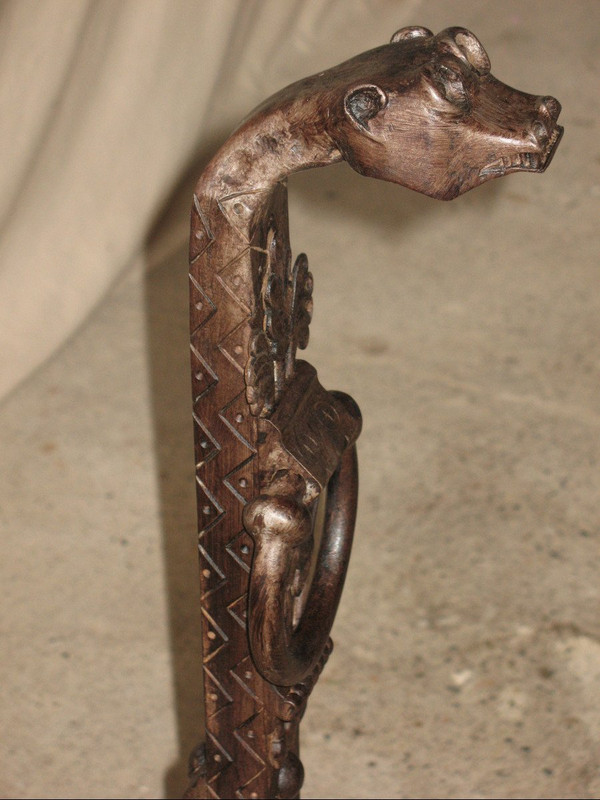 Pair of fireplace landier andirons decorated with fantastic animals, 20th century