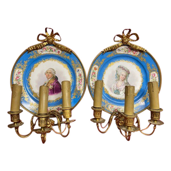 Pair of Gilded Bronze Porcelaine De Sevres Wall Sconces 19th C