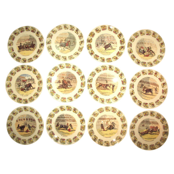 Suite of 12 earthenware plates from Sarreguemines on bullfighting in Spain, 19th century