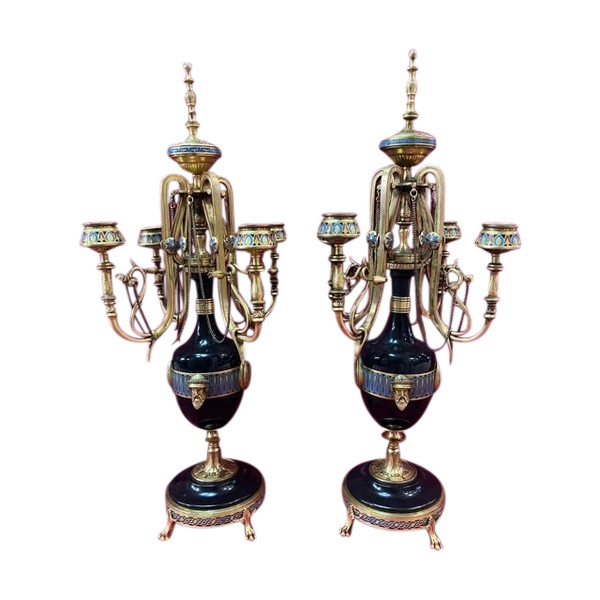 Pair Of Candlesticks Gilded Bronze Enamels Cloisonné Ferdinand BARBEDIENNE And Louis Constant SEVIN