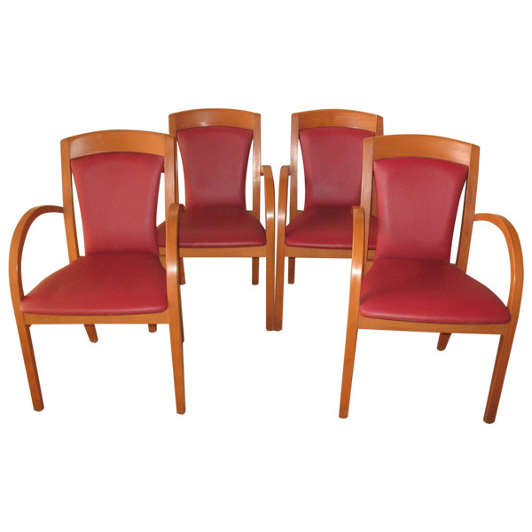 Set of 4 designer bridge armchairs from the 50s and 60s in honey-stained curved beech