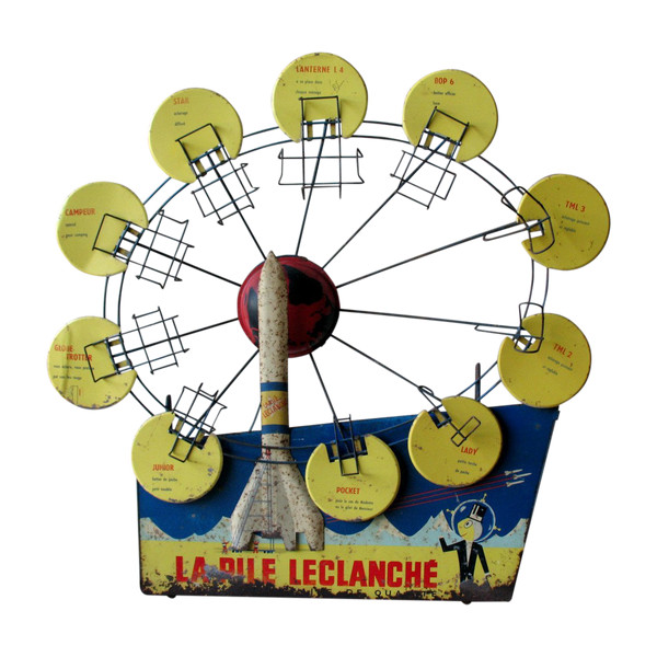 Présentoir publicitaire de magasin la pile Leclanché en tôle lithographiée  publicité années 50-60